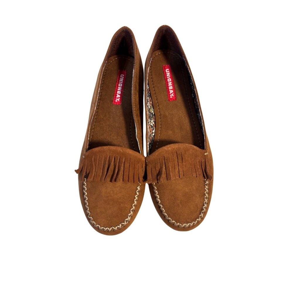 Unionbay Boho-U Women's Brown Faux Suede Moccasins With‎ Fringe Detail Size 7.5